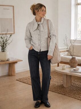 Crewneck Knit Cardigan with Neck Tie Large Taupe Wool Blend Scandi Contemporary